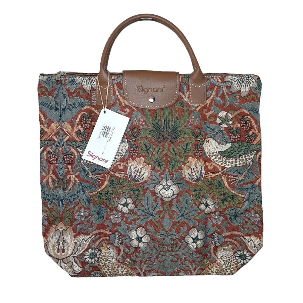 NEW Signare Tote Bag Foldable Zip William Morris Tapestry "Strawberry Thief"